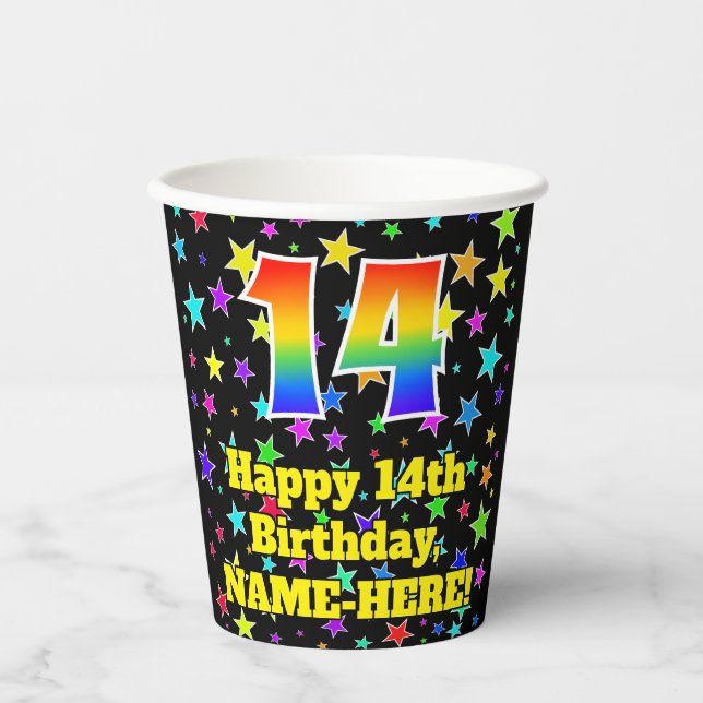 Gobelets En Papier 14e anniversaire : Fun Stars Motif et Rainbow 14 (Recto)