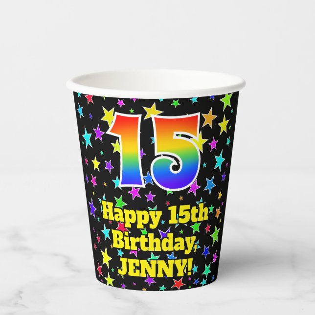 Gobelets En Papier 15e anniversaire : Fun Stars Motif et Rainbow 15 (Recto)