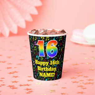 Gobelets En Papier 16e anniversaire : Fun Music Notes Motif, Rainbow 