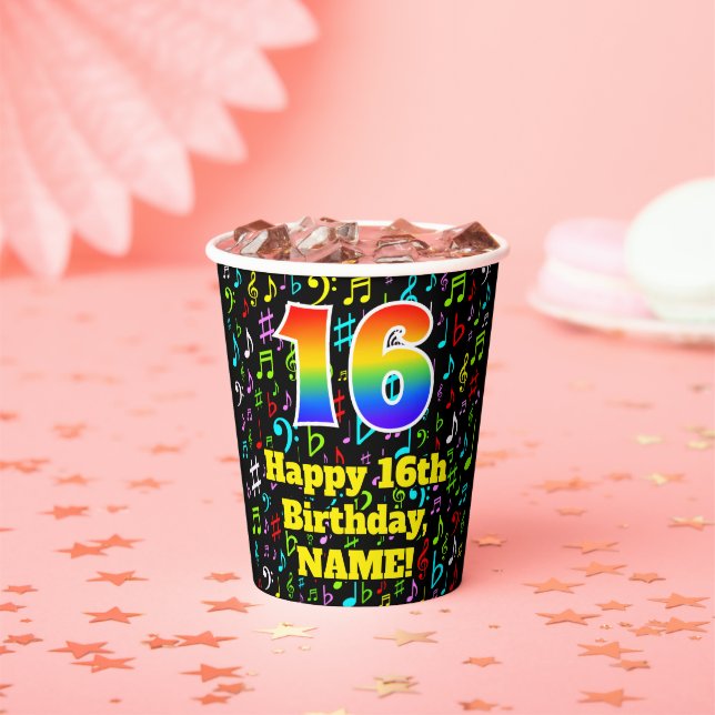 Gobelets En Papier 16e anniversaire : Fun Music Notes Motif, Rainbow  (Insitu)