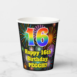 Gobelets En Papier 16e anniversaire : Motif Fun Fireworks + Arc-en-ci