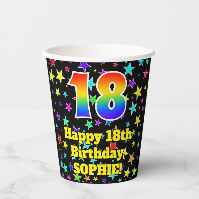 Gobelets En Papier 18e anniversaire : Fun Stars Motif et Rainbow 18 (Recto)