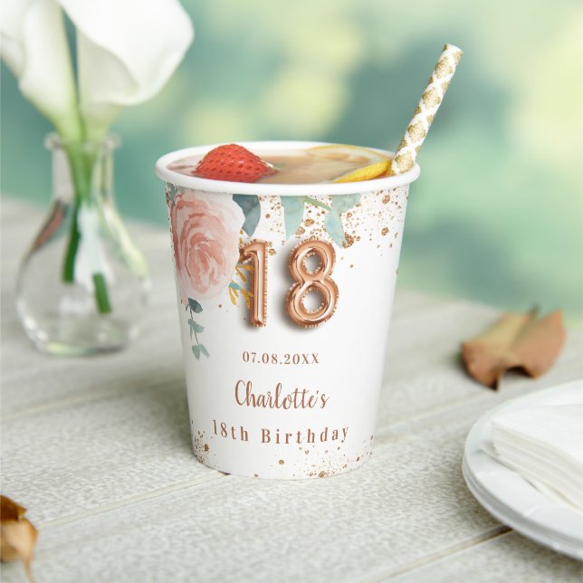 Gobelets En Papier 18e anniversaire rose fleurons d'or (Insitu)