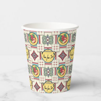 Gobelets En Papier 1940 Motif de cuisine avec théières jaunes