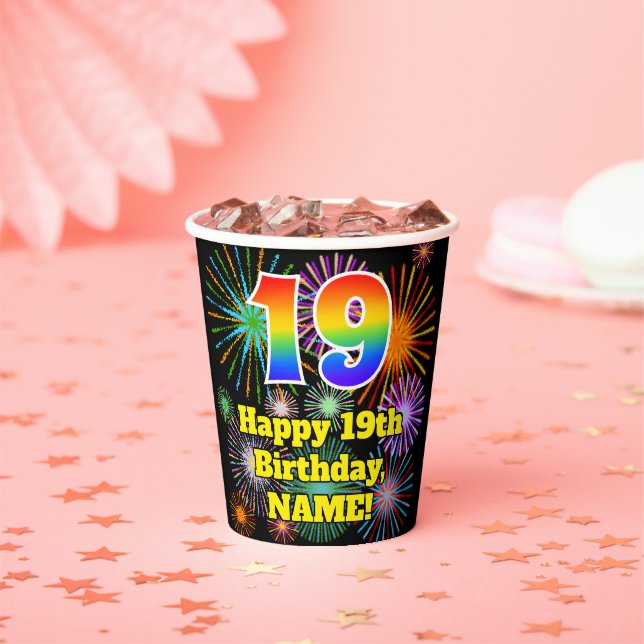 Gobelets En Papier 19e anniversaire : Fun Motif feux d'artifice + Rai (Insitu)