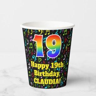 Gobelets En Papier 19e anniversaire : Fun Music Notes Motif, Rainbow 