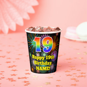 Gobelets En Papier 19e anniversaire : Motif Fun Fireworks + Arc-en-ci
