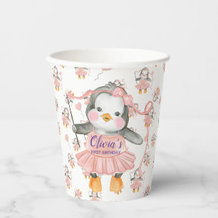 Gobelets En Papier 1er anniversaire Ballerina Penguin rose
