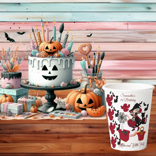 Gobelets En Papier 1er anniversaire Éffrayant sorcière fête Halloween (1st Birthday Spooky Witch Party Halloween Cat Cute Paper Cups)