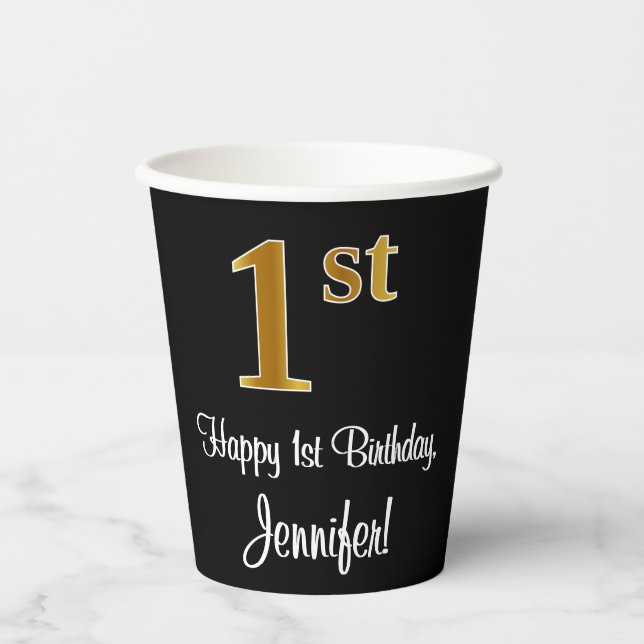 Gobelets En Papier 1er Anniversaire - Elégant Luxueux Faux Gold Look  (Recto)