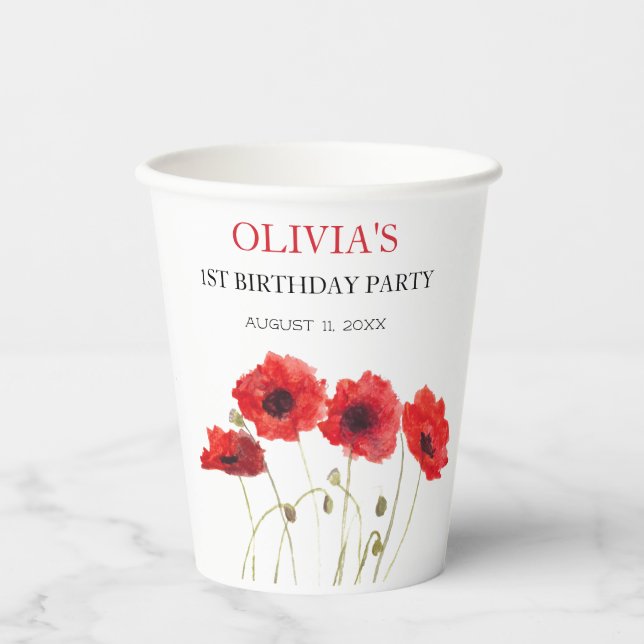 Gobelets En Papier 1er Anniversaire Fête Poppies Bébé Fille (Recto)