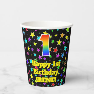 Gobelets En Papier 1er anniversaire : Fun Stars Motif et Rainbow 1