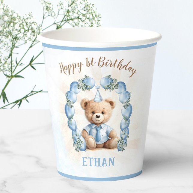 Gobelets En Papier 1er Anniversaire Garçon mignon Ours en Teddy Bleu  (1st Birthday Boy Cute Teddy Bear Blue Balloons Paper Cups)