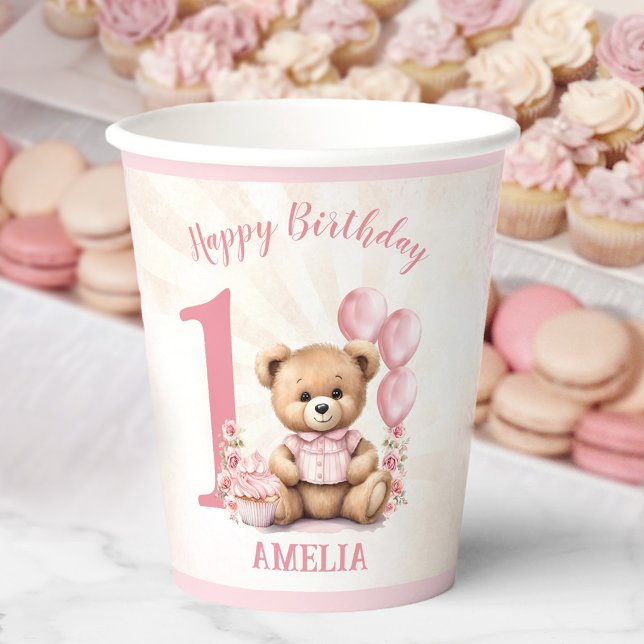 Gobelets En Papier 1er Anniversaire Ours Ballons Roses Coupes de papi (1st Birthday Bear Pink Balloons Paper Cups)