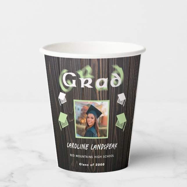 Gobelets En Papier 2025 Graduation Pale Vert Blurred Texte & Photo (Recto)