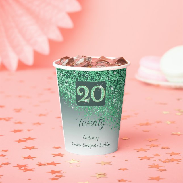Gobelets En Papier 20th Birthday Party Gleaming Green Glitter (Insitu)