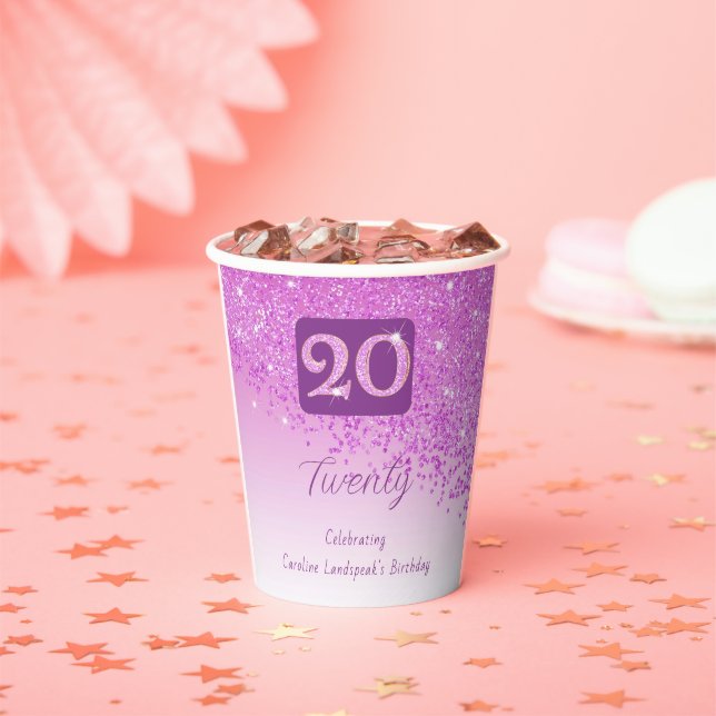 Gobelets En Papier 20th Birthday Party Gleaming Pink Glitter (Insitu)