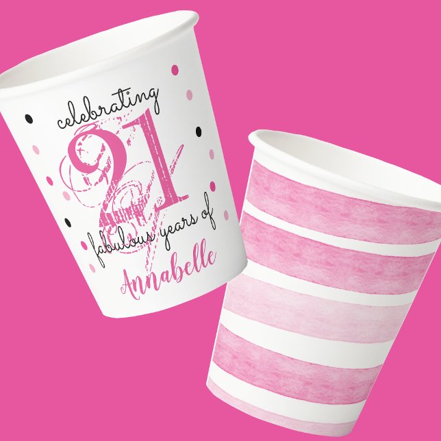 Gobelets En Papier 21e anniversaire 21 ans fabuleux Ajouter Nom pois  (Depiction of Front and Back of Paper Cup)