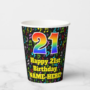 Gobelets En Papier 21e anniversaire : Fun Music Notes Motif, Rainbow 