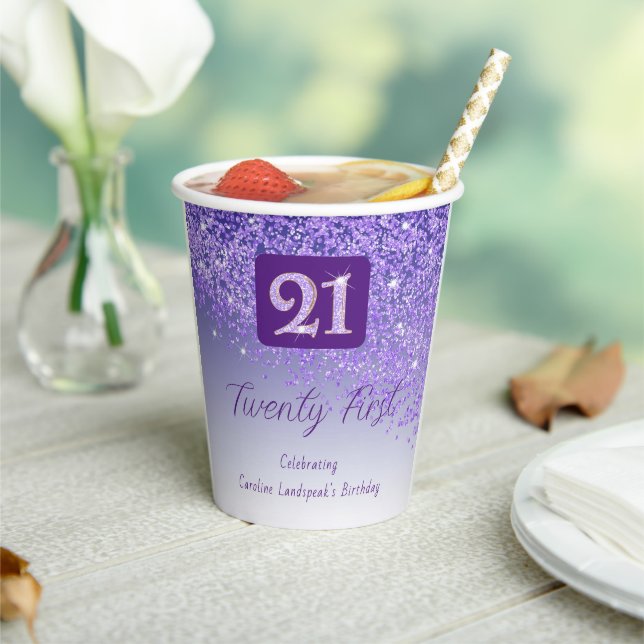 Gobelets En Papier 21st Birthday Party Gleaming Purple Glitter (Insitu)