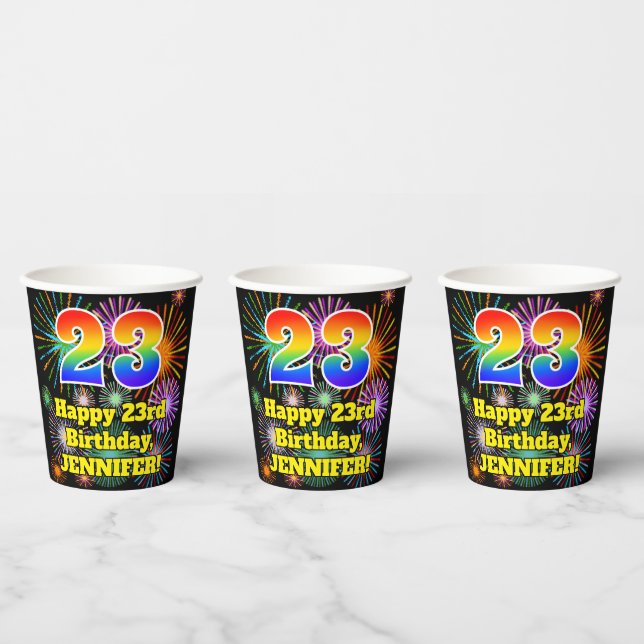 Gobelets En Papier 23ème anniversaire : Fun Motif Fireworks + Rainbow (Multi)