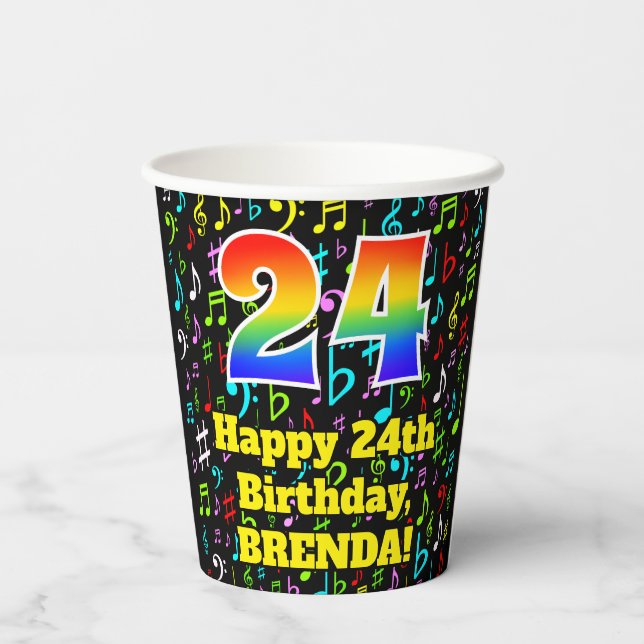 Gobelets En Papier 24th Birthday : Fun Music Notes Motif, Rainbow 24 (Verso)