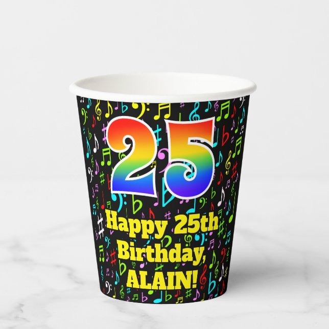 Gobelets En Papier 25e anniversaire : Fun Music Notes Motif, Rainbow  (Recto)