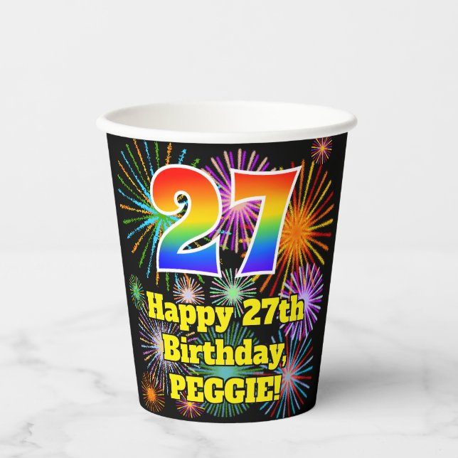 Gobelets En Papier 27ème anniversaire : Fun Fireworks Motif + Rainbow (Recto)