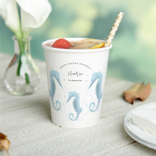 Gobelets En Papier 2e anniversaire Dusty Blue Seahorse (Insitu)