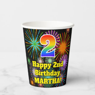 Gobelets En Papier 2ème anniversaire : Fun Motif Fireworks + Rainbow 