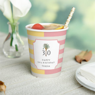 Gobelets En Papier 30e Anniversaire Palmier Plage Pastel Rayé Tropica