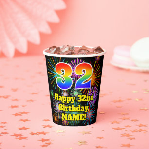 Gobelets En Papier 32e anniversaire : Fun Fireworks Motif + Rainbow 3