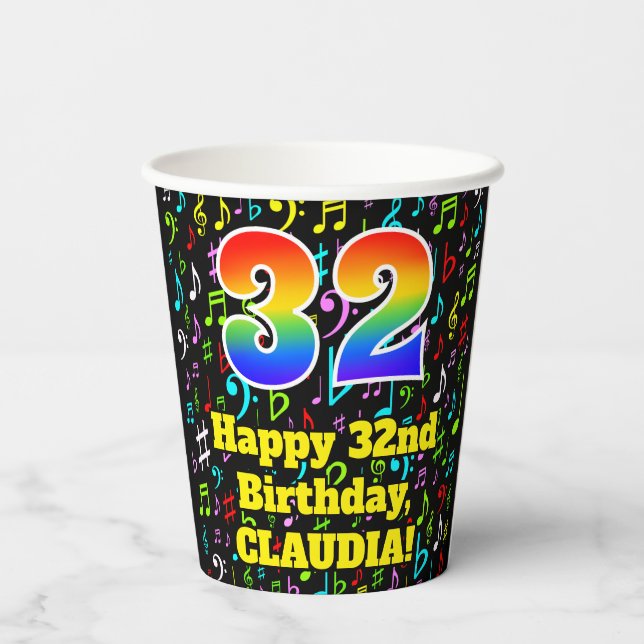 Gobelets En Papier 32e anniversaire : Fun Music Notes Motif, Rainbow  (Verso)