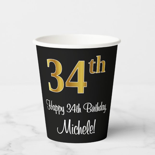 Gobelets En Papier 34e anniversaire - Elégant luxe Faux Gold Look # (Recto)