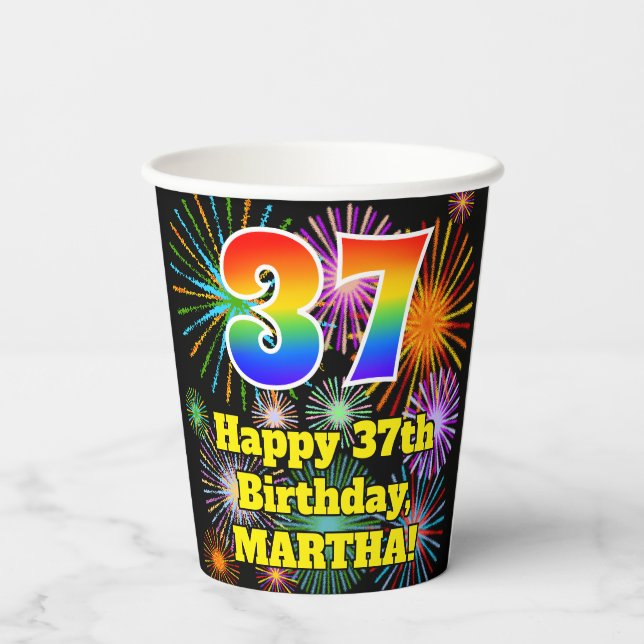 Gobelets En Papier 37ème anniversaire : Fun Fireworks Motif + Rainbow (Verso)