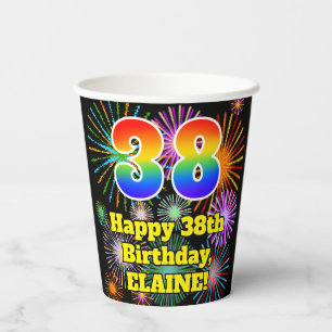 Gobelets En Papier 38e anniversaire : Fun Fireworks Motif + Rainbow 3