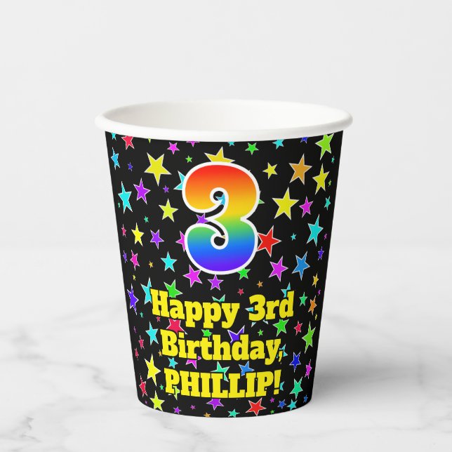 Gobelets En Papier 3e anniversaire : Fun Stars Motif et Rainbow 3 (Recto)