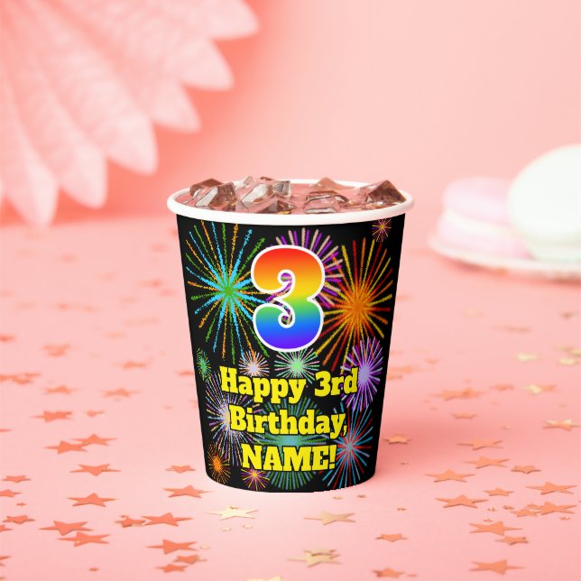 Gobelets En Papier 3ème anniversaire : Fun Motif Fireworks + Rainbow  (Insitu)
