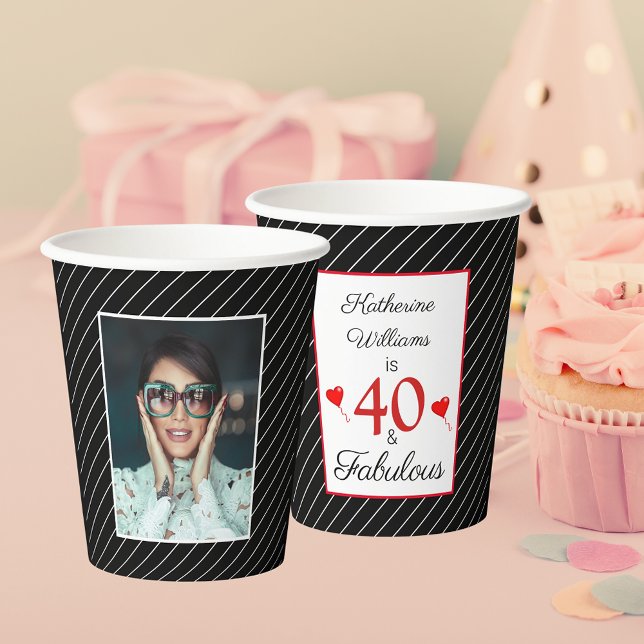 Gobelets En Papier 40 et fabuleux 40e anniversaire Photo noir et blan (40 & Fabulous 40th Birthday Photo Black & White Paper Cups)