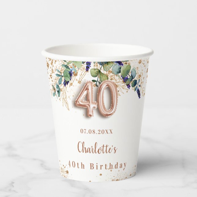 Gobelets En Papier 40e anniversaire eucalyptus vert nom de la parties (Recto)