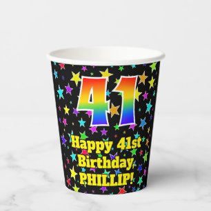 Gobelets En Papier 41e anniversaire : Fun Stars Motif et Rainbow 41