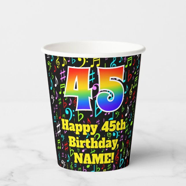 Gobelets En Papier 45e anniversaire : Fun Music Notes Motif, Arc-en-c (Verso)