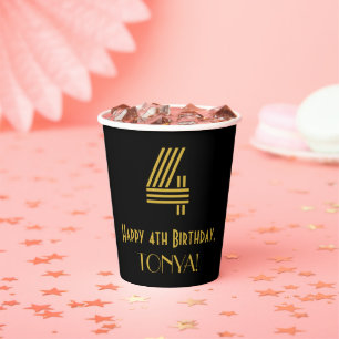 Gobelets En Papier 4e anniversaire : Art Déco Inspiré Look "4" & Nom