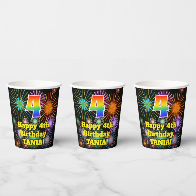 Gobelets En Papier 4ème anniversaire : Fun Motif Fireworks + Rainbow  (Multi)