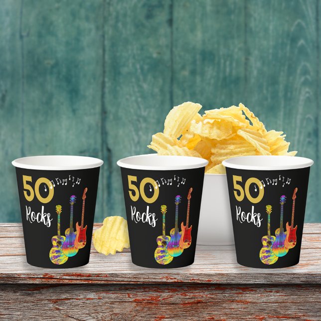 Gobelets En Papier 50 Rocks Anniversaire Fête Funky Guitar (Rock and roll 50th birthday party paper cups funky guitars 50 rocks black and cool gold typography )