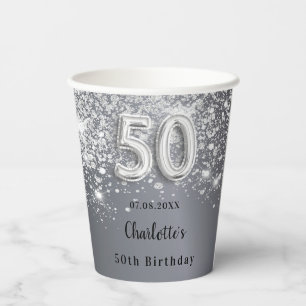 Gobelets En Papier 50e anniversaire argent nom de la parties scintill