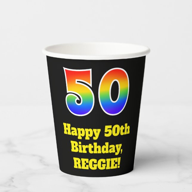 Gobelets En Papier 50e anniversaire : coloré, amusant, excitant, arc- (Verso)