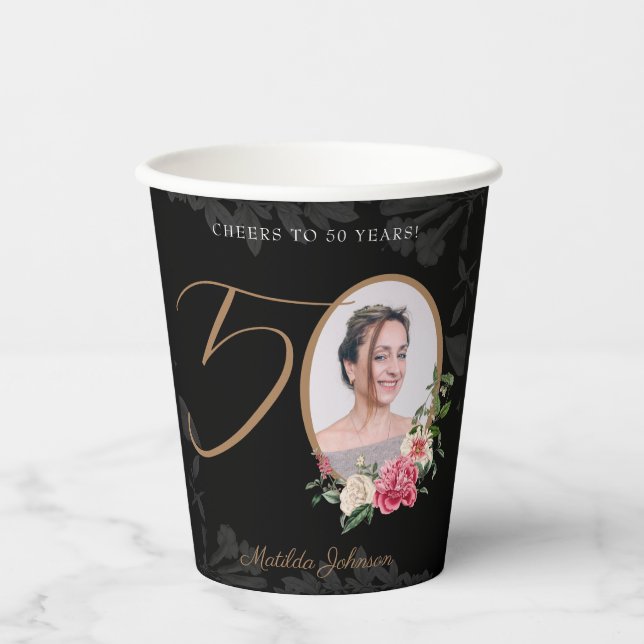 Gobelets En Papier 50e anniversaire Elegant Black Gold Photo personna (Recto)