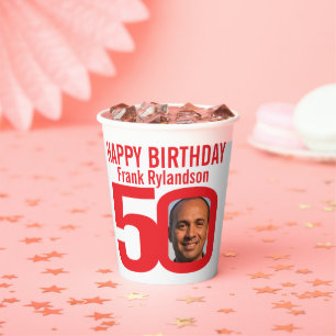 Gobelets En Papier 50e anniversaire personnalisé deux photo rouge bl