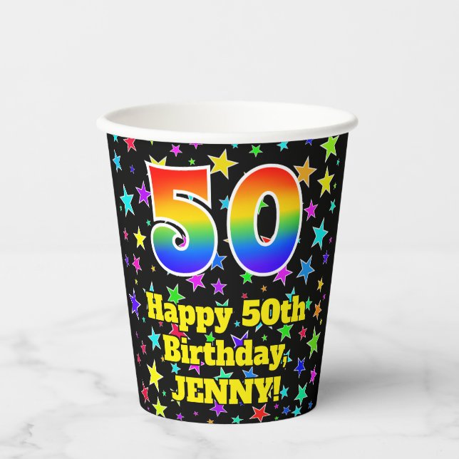 Gobelets En Papier 50e Birthday: Fun Stars Pattern and Rainbow 50 (Recto)
